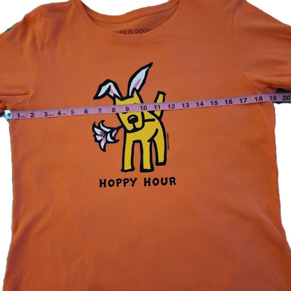 Life Is Good Shirt Women Medium Orange Hoppy Hour with Dog Holding a Lily Short - Picture 2 of 9
